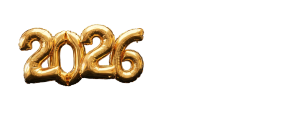 Golden 2026 balloons with confetti on a dark background isolated on a transparent background