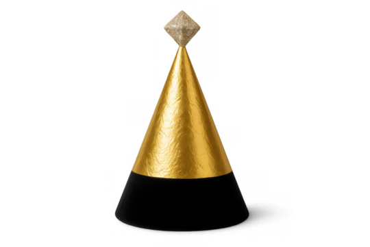 Golden and black party hat with sparkling top, celebrating birthday, new year's eve, or special event, transparent background