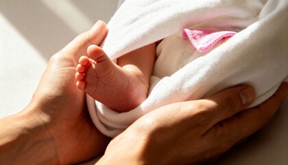 Parent's hands gently holding a newborn baby's tiny foot. Close-up of an infant swaddled in a white blanket. New life and parental love concept