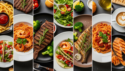 Medley of comfort foods such as creamy pasta, seasoned steak, grilled salmon, fresh tacos and crispy fries presented in a restaurant style arrangement showcasing rich textures and bold colors.