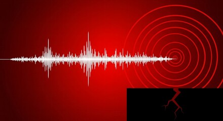 Seismic activity background featuring a sound wave and ground crack on a red backdrop, perfect for news or disaster preparedness visuals