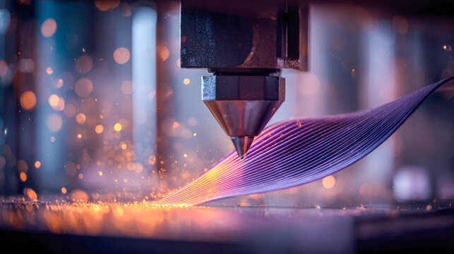 Industrial laser cutting machine shaping a curved sheet of metal with glowing sparks flying in a high-tech manufacturing environment