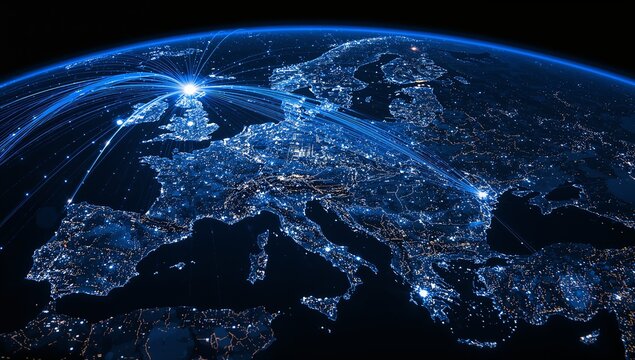 A stunning satellite-style view of Europe at night, city lights sparkling while bright blue digital data lines arc across the continent. Concept of global communication, connectivity, and modern tech