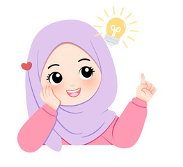 Illustration of a happy young Muslim woman with a creative idea, pointing upwards towards a bright lightbulb. Adorable character design