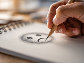 Hand sketching a sad face on a white spiral-bound notebook with a graphite pencil symbolizing emotions and feelings in creative art expression close-up view