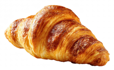 Freshly baked croissant, isolated on transparent background, bakery food, flaky golden crust