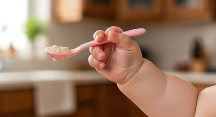 Baby's Hand Holding Spoon with Food Close-up in Kitchen Setting for Childhood Nutrition