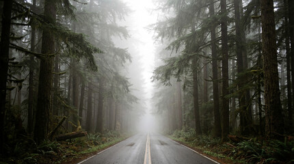 Moody Foggy Forest Road Through Dark Green Pine Trees