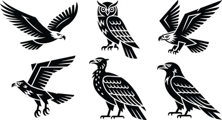 Obraz premium Stylized Black and White Vector Set of Raptors and Owls in Various Poses, Perfect for Sports Mascots, Logo Design, Heraldry, and Wild Animal Themes.