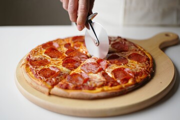 Pepperoni pizza on a rustic wooden cutting board ready to slice and serve