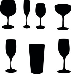 Drink Glasses Silhouette Vector Set – Wine Glass, Champagne Flute, Cocktail Glass, Beer Glass, Bar Icons for Party, Celebration, Christmas, New Year, Holiday Designs	