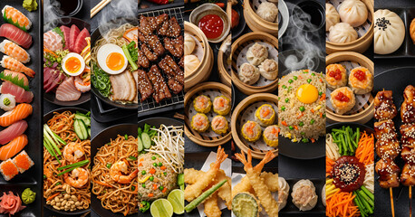 Fototapeta premium Rich selection of traditional Asian favorites combines savory broths, sticky rice, tender beef, bright vegetables and spicy sauces in a detailed food themed visual layout.