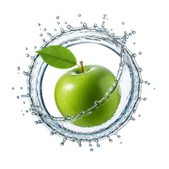 Fresh green apple with water splash isolated on transparent background