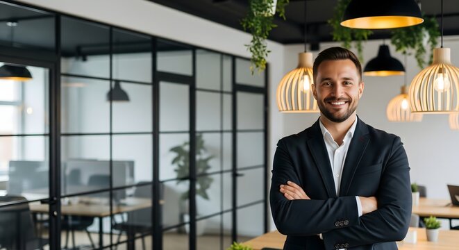 Confident young businessman standing in a modern office workspace with glass walls and stylish lighting, symbolizing leadership, corporate success, entrepreneurship, and professional growth - Powered by Adobe