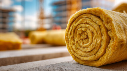 Rolled yellow fiberglass insulation material placed on a construction site surface with blurred building structures in the background during daytime