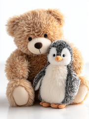 Fototapeta premium Teddy bear cuddling a small winter penguin plush on white clean background, clean borders, not cutted edges