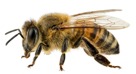 Detailed macro view of a honey bee with visible fur and wings isolated on a transparent background