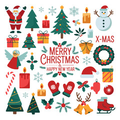 Festive collection of traditional christmas and new year holiday elements including santa, snowman, trees, gifts, and decorations.