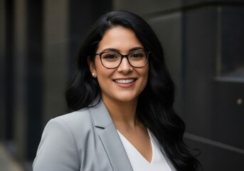 Professional woman with glasses smiling confidently in a business setting
