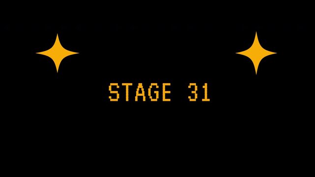 Vibrant pixelated STAGE 31 text and shimmering stars glow brightly in a retro video game style. 4K video animation for video game.