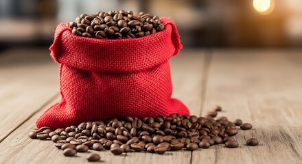 A red burlap bag overflowing with roasted coffee beans sits on a wooden surface, with scattered beans surrounding it. Sunlight glows