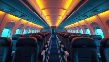 Naklejka premium Empty passenger airplane cabin with rows of dark leather seats. Warm orange and cool blue lights illuminate aisle and windows. Modern aircraft interior awaits travelers for their next flight journey.