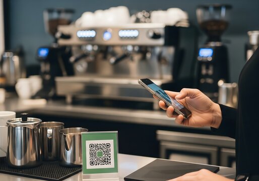 Customer using smartphone to scan QR code for digital payment at coffee shop counter, modern cashless transaction and mobile wallet technology in café retail environment with espresso machine
