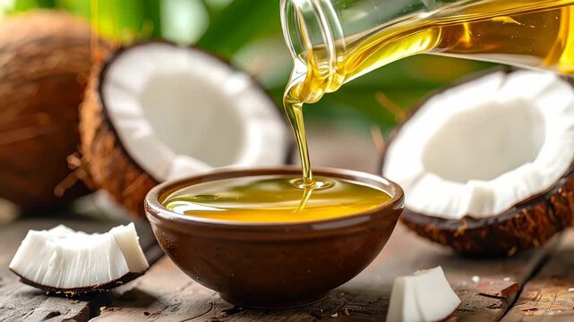 Pouring Golden Coconut Oil Into A Bowl With Fresh Coconuts.