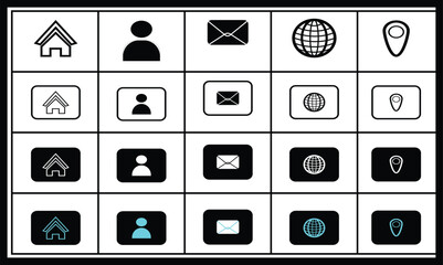 A versatile collection of twenty square icons for UI UX design, showcasing five key symbols (home, user person, mail/envelope, globe, and map pin) presented in four distinct styles simple outline, etc