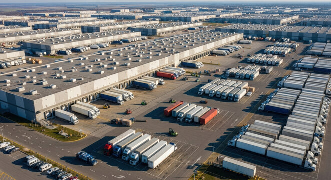 Aerial view of a large logistics warehouse with many semi-trailer trucks, cargo docks, and parking lots. Modern distribution center, shipping, supply chain, freight, and transportation industry