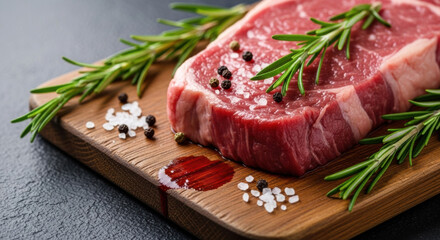 Fototapeta premium Raw steak on a wooden cutting board garnished with fresh rosemary, black pepper, and coarse salt. Culinary food preparation, fresh meat, cooking ingredients, gourmet restaurant concept.