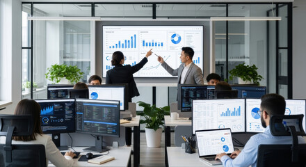 Modern office conference room with business people, large monitor, multiple screens showing analytics charts, graphs, teamwork and data analysis in a corporate environment.
