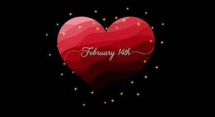A red heart with layered sections, "February 14th" text, and golden sparkles on a black background