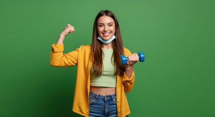 Positive brunette woman in a yellow shirt smiles while exercising with a blue dumbbell, flexing her arm to show strength and wearing a face mask on her chin
