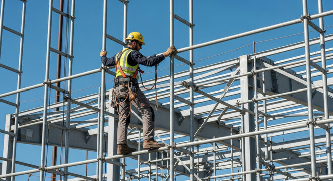 Construction worker with safety harness climbing scaffolding at building site, wearing hardhat and vest. Industrial safety, engineering, urban development, professional occupation. - Powered by Adobe
