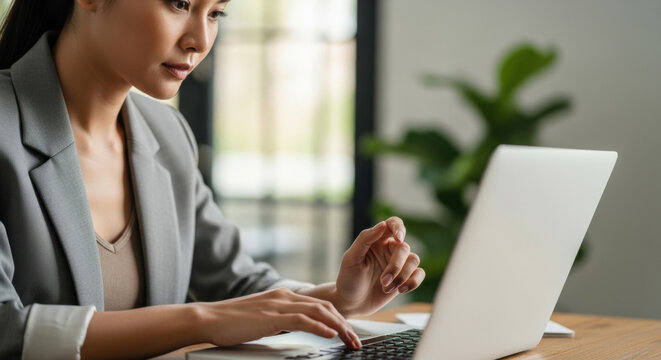 Businesswoman in gray jacket working on laptop at desktop, focused on typing. Modern office setting, corporate professional, remote work, technology, productivity concept. - Powered by Adobe