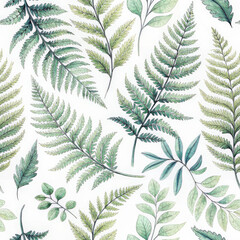 Watercolor fern leaf seamless pattern with green botanical foliage on white background