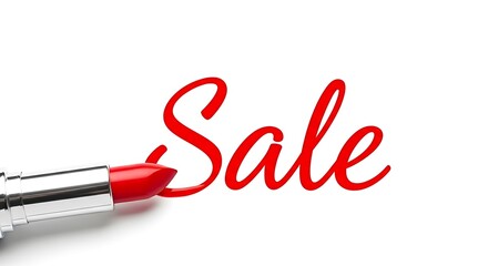 A red lipstick lays on a white surface, the lipstick's tip drawing the word "Sale" in cursive script. The composition is isolated