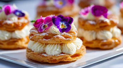 Elegant pastry delights featuring flaky layers filled with rich cream and topped with vibrant edible flowers, perfect for gourmet dessert presentations and celebrations