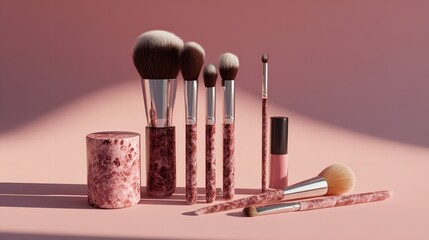 A photo of a set of makeup brushes and cosmetics placed together