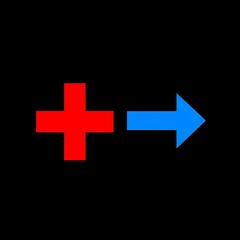 Obraz premium A red plus sign transforms into a blue right-pointing arrow set against a solid black background. Simple, bold design
