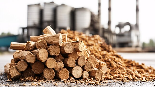 Close up on biomass energy, isolated against a white background, showing a pile of wooden pellets and sticks with a factory in the background, showcasing the concept of renewable resources and