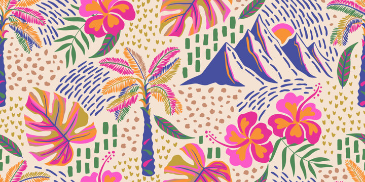 Tropical seamless pattern with hand drawn palm trees. Hawaiian florals summer background for fabric, textiles, clothing, poster, cover, decoration, banner, wallpaper, interior. Vector illustration.