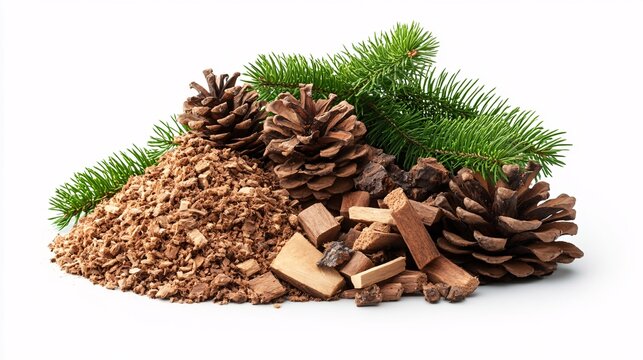 Isolated against a white background, this showcases biomass energy through a collection of pinecones, wood pieces, and conifer sprigs. A display of natural elements in a visually chaotic arrangement.