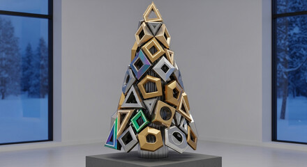 Modern geometric Christmas tree sculpture made of gold silver and blue shapes standing in a minimalist room with a winter view