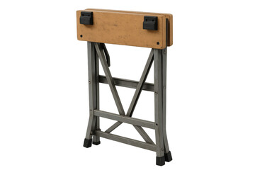 Sawhorse trestle with a wooden top and metal legs, offering portable and foldable support for various work tasks