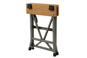 Sawhorse trestle with a wooden top and metal legs, offering portable and foldable support for various work tasks