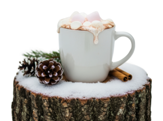 Cozy hot chocolate mug with toppings on winter log view isolated on transparent background