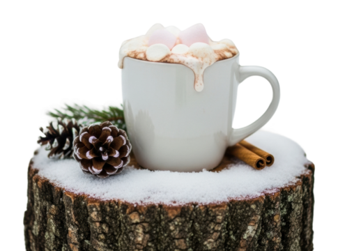 Cozy hot chocolate mug with toppings on winter log view isolated on transparent background
