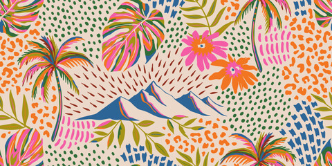 Tropical seamless pattern with hand drawn palm trees. Hawaiian florals summer background for fabric, textiles, clothing, poster, cover, decoration, banner, wallpaper, interior. Vector illustration.